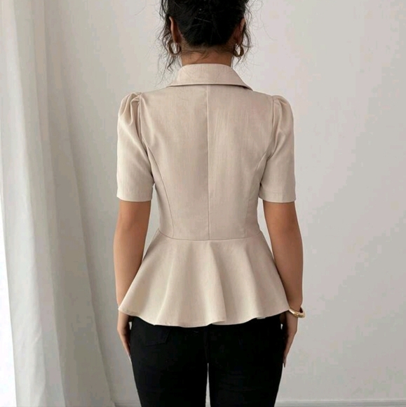 Khaki Short Sleeve Cinch Waist A-Line Puff Sleeve Elegant Romantic Women Blazer - Picture 2 of 4